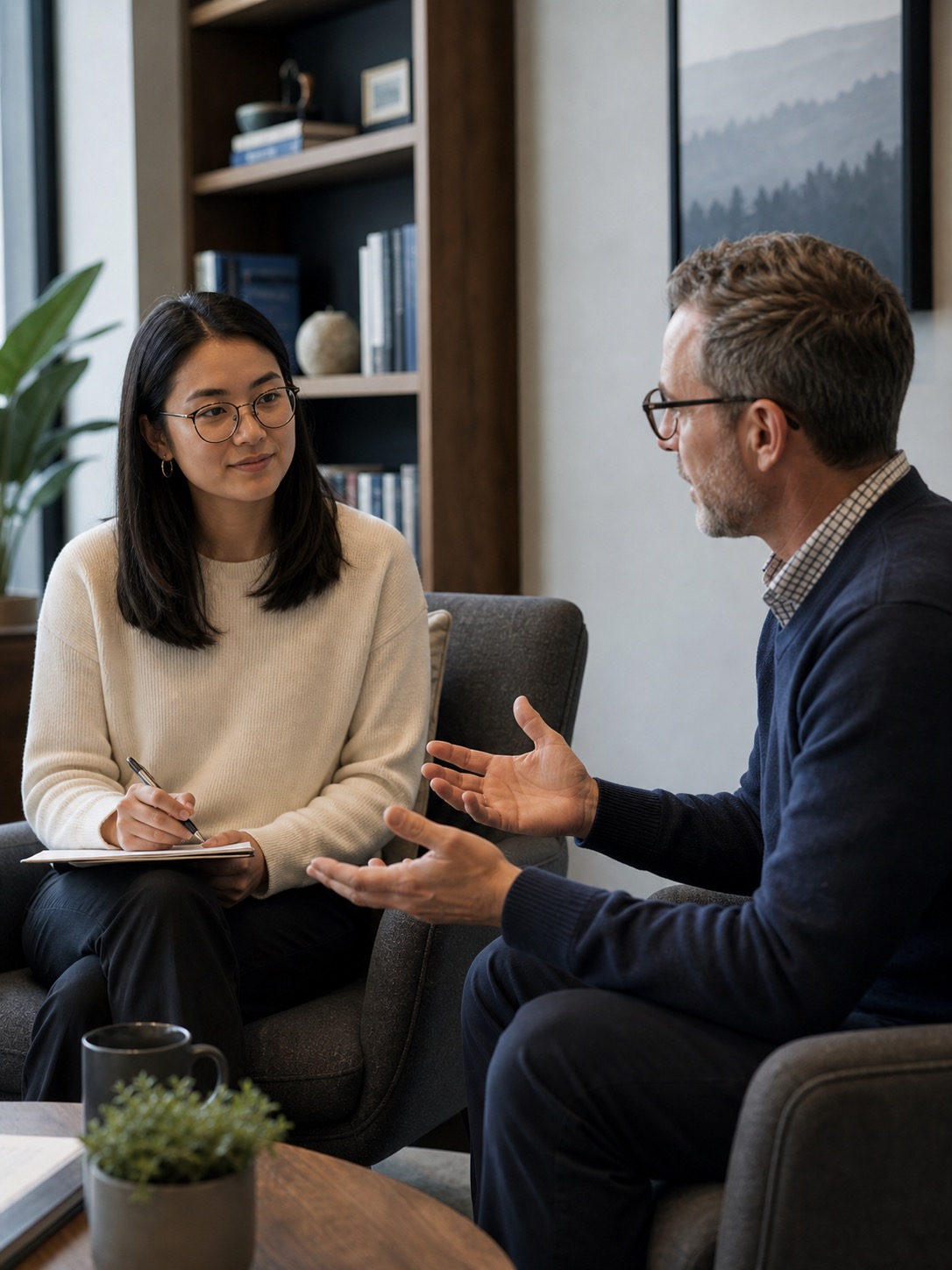 Psychology intern in supervised clinical training session with a senior psychologist